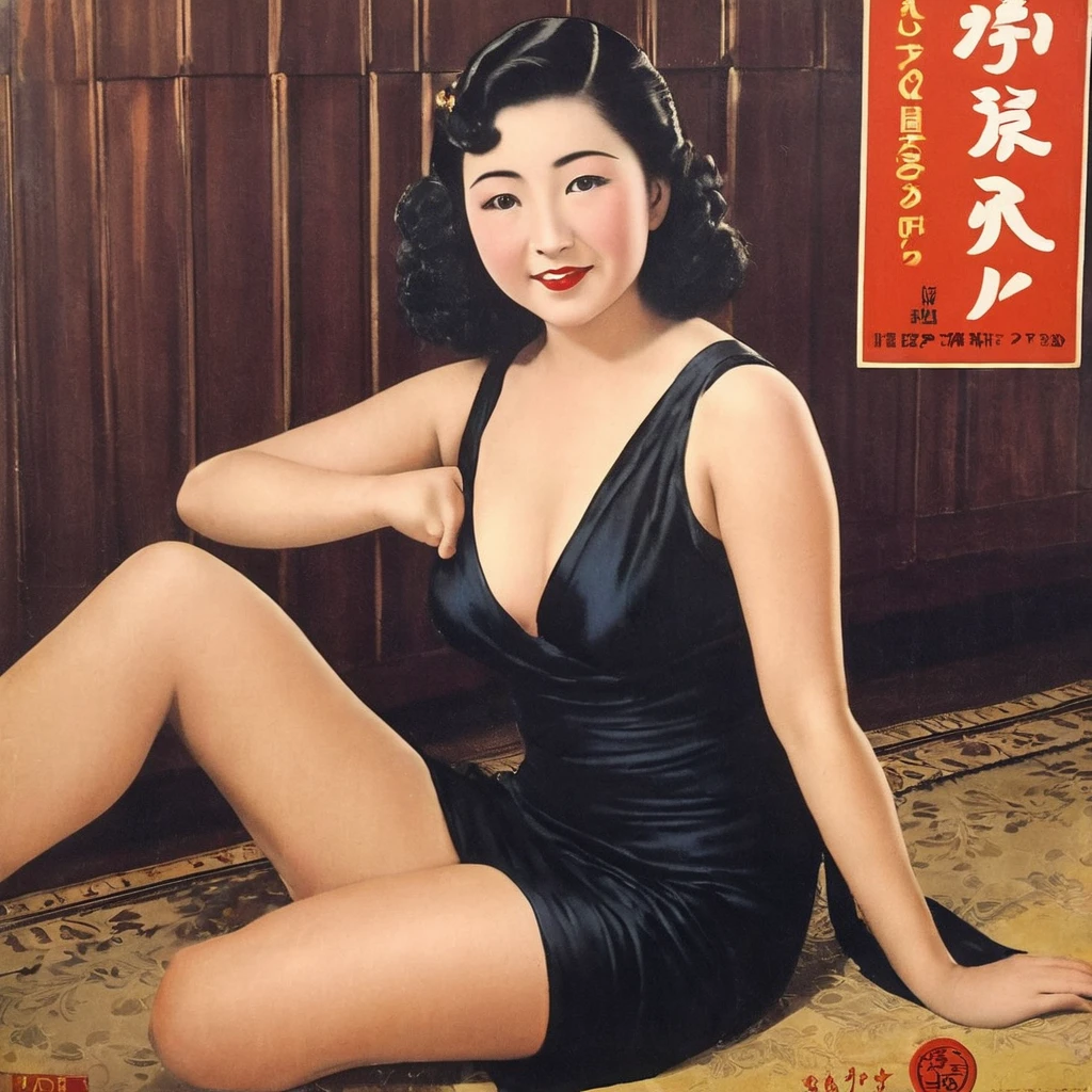 Highest quality、masterpiece,Retro image of a Japanese poster from the 1930s,Realistic、One young woman、Voluptuous body、Prostitute、Black Camisole Dress、Bewitching atmosphere、Sitting on one knee on the floor in a dark room、Close-up