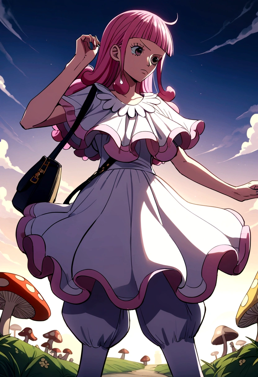 Personagem de one piece, pink hair, lilac eyes, a white streak in the bangs, mushroom blouse, high waist pants, white sneakers and a side bag