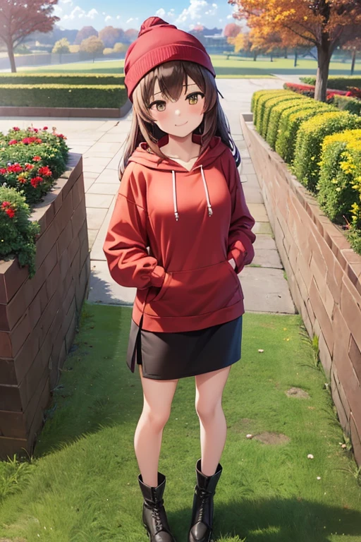 1girl, woman, red hoodie, tight midi pencil skirt (knee length), black skirt, long brown hair, looking at viewer, full body, smile, blush, boots, garden, fall, beanie