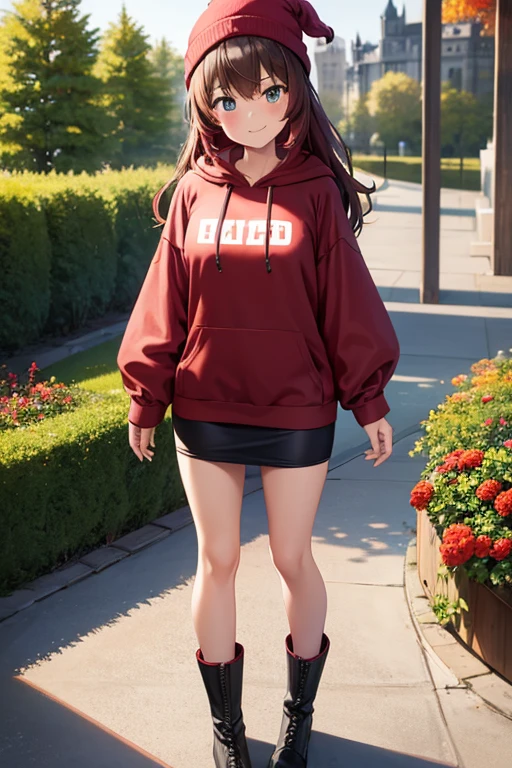 1girl, woman, red hoodie, tight midi pencil skirt (knee length), black skirt, long brown hair, looking at viewer, full body, smile, blush, boots, garden, fall, beanie