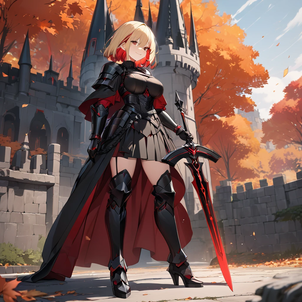 A woman wearing heavy black armor with red details, black metal bracelet, black metal boots, wearing black helm with exposed face, blonde hair, short hair, red bangs, multi-colored hair, large breasts, holding a red sword with red lightning on the sword, smiling, sadistic smile, standing on a concrete platform overlooking a black Gothic style castle, with a wide view of the lawn in the autumn climate, autumn trees.UHD , prime work , accurate , anatomically correct , textured skin , super details , high quality , best quality, 8k, high resolution, bokeh effect. (woman alone), close view.
