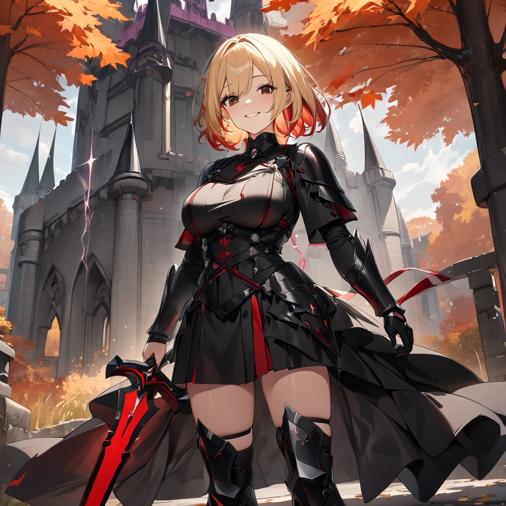 A woman wearing heavy black armor with red details, black metal bracelet, black metal boots, wearing black helm with exposed face, blonde hair, short hair, red bangs, multi-colored hair, large breasts, holding a red sword with red lightning on the sword, smiling, sadistic smile, standing on a concrete platform overlooking a black Gothic style castle, with a wide view of the lawn in the autumn climate, autumn trees.UHD , prime work , accurate , anatomically correct , textured skin , super details , high quality , best quality, 8k, high resolution, bokeh effect. (woman alone), close view.
