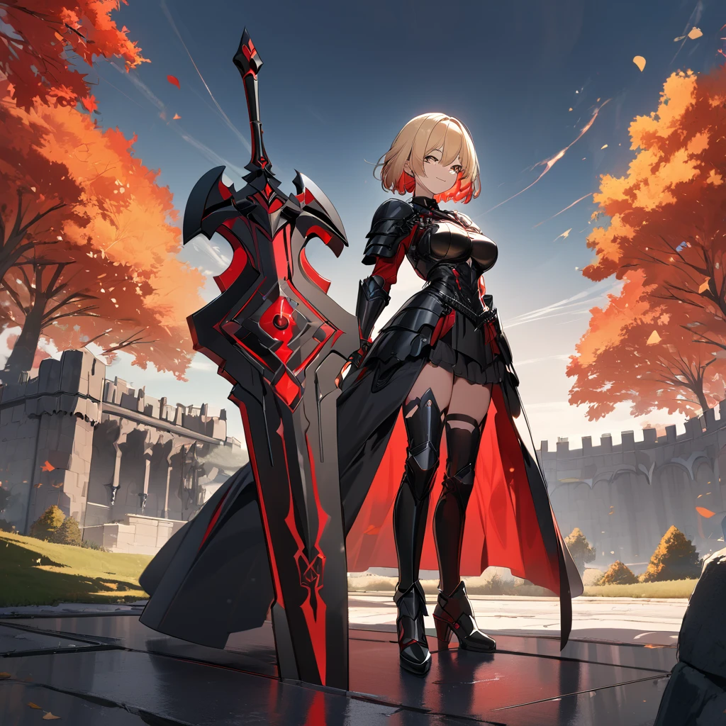 A woman wearing heavy black armor with red details, black metal bracelet, black metal boots, wearing black helm with exposed face, blonde hair, short hair, red bangs, multi-colored hair, large breasts, holding a red sword with red lightning on the sword, smiling, sadistic smile, standing on a concrete platform overlooking a black Gothic style castle, with a wide view of the lawn in the autumn climate, autumn trees.UHD , prime work , accurate , anatomically correct , textured skin , super details , high quality , best quality, 8k, high resolution, bokeh effect. (woman alone), close view.

