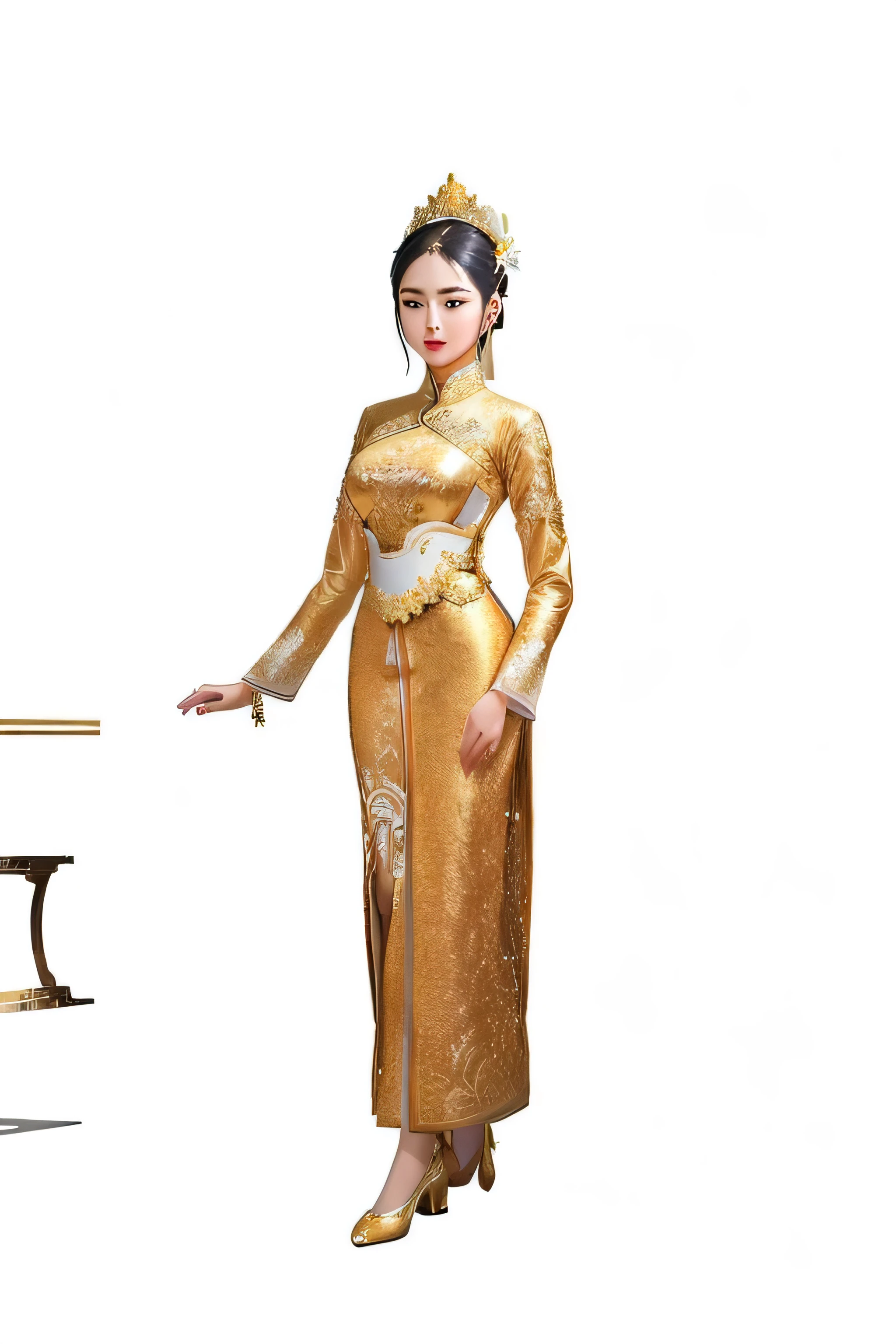 a woman in a golden dress holding a white ribbon, sukhothai costume, south east asian with long, traditional dress, ao dai, in style of lam manh, royal dress, golden dress, traditional, in style of thawan duchanee, idian dress, full length shot, traditional tai costume, royal gown, traditional clothing