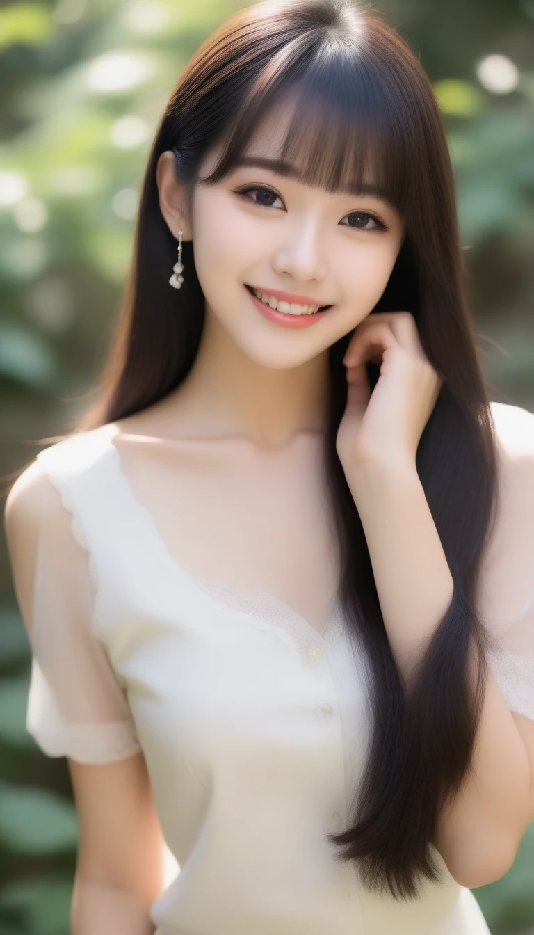 8K, Ultra-high resolution, Highest quality, masterpiece, 三分割法によるphotograph,Surreal, photograph, 1 Girl, (16 years old:1.3), pretty girl, Cute face, Beautiful eyes in every detail, 細かくdetailedに,masterpiece,, One Girl:1.2, Japan Female Announcer,whole body、Black Hair、well-groomed eyebrows、Cute Lip Makeup,garden,erupt,summer,Shining sunlight,Blouse with collar,Pencil Skirt,Cute gestures、so beautiful,A carefree smile,Heal the heart,Blunt bangs,Looking at the audience、beauty,Long neck、Laugh a little、Please close your mouth and laugh、(((Ideal body type))),A cup small breasts :2,、Portraiture:2、Perfect Anatomy、鮮明なdetailed、detailed、Surreal、Light and shadow,Strong light