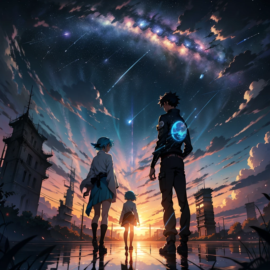 Beautiful sky anime scene with stars and planets, Space Sky. by Makoto Shinkai, anime art wallpaper 4k, 1 teal-haired woman, Landscape,anime art wallpaper 4k, Anime Art Wallpapers 8K, anime wallpaper 4k, anime wallpaper 4k, 4k anime wallpaper, Anime Sky, Awesome Wallpapers, Anime Background, Heavenly planets in the background, Anime Background art, reflection, Quantum transitions, Knight costume, Surrounded by ruins