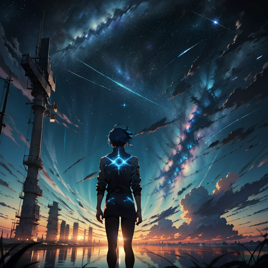 Beautiful sky anime scene with stars and planets, Space Sky. by Makoto Shinkai, anime art wallpaper 4k, 1 teal-haired woman, Landscape,anime art wallpaper 4k, Anime Art Wallpapers 8K, anime wallpaper 4k, anime wallpaper 4k, 4k anime wallpaper, Anime Sky, Awesome Wallpapers, Anime Background, Heavenly planets in the background, Anime Background art, reflection, Quantum transitions, Knight costume, Surrounded by ruins