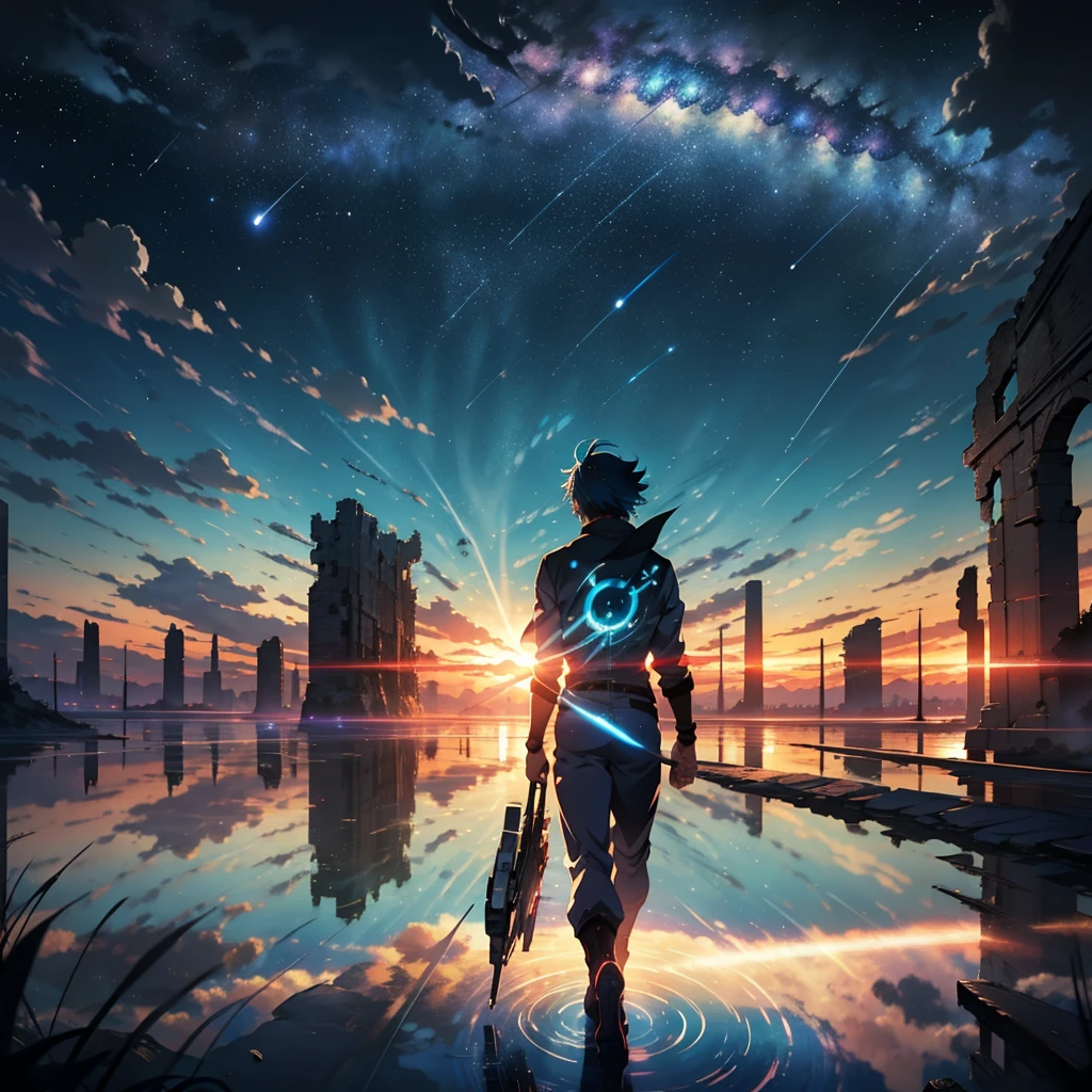 Beautiful sky anime scene with stars and planets, Space Sky. by Makoto Shinkai, anime art wallpaper 4k, 1 teal-haired woman, Landscape,anime art wallpaper 4k, Anime Art Wallpapers 8K, anime wallpaper 4k, anime wallpaper 4k, 4k anime wallpaper, Anime Sky, Awesome Wallpapers, Anime Background, Heavenly planets in the background, Anime Background art, reflection, Quantum transitions, Knight costume, Surrounded by ruins