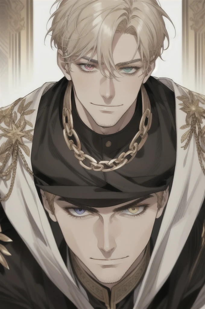masterpiece, best quality, realistic, 1man, mature man, muscular tall, handsome, smile, closed mouth, portrait, extremely detailed face, (short hair), (golden hair), (heterochromia in eyes)