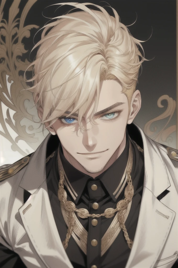masterpiece, best quality, realistic, 1man, mature man, muscular tall, handsome, smile, closed mouth, portrait, extremely detailed face, (short hair), (golden hair), (heterochromia in eyes)