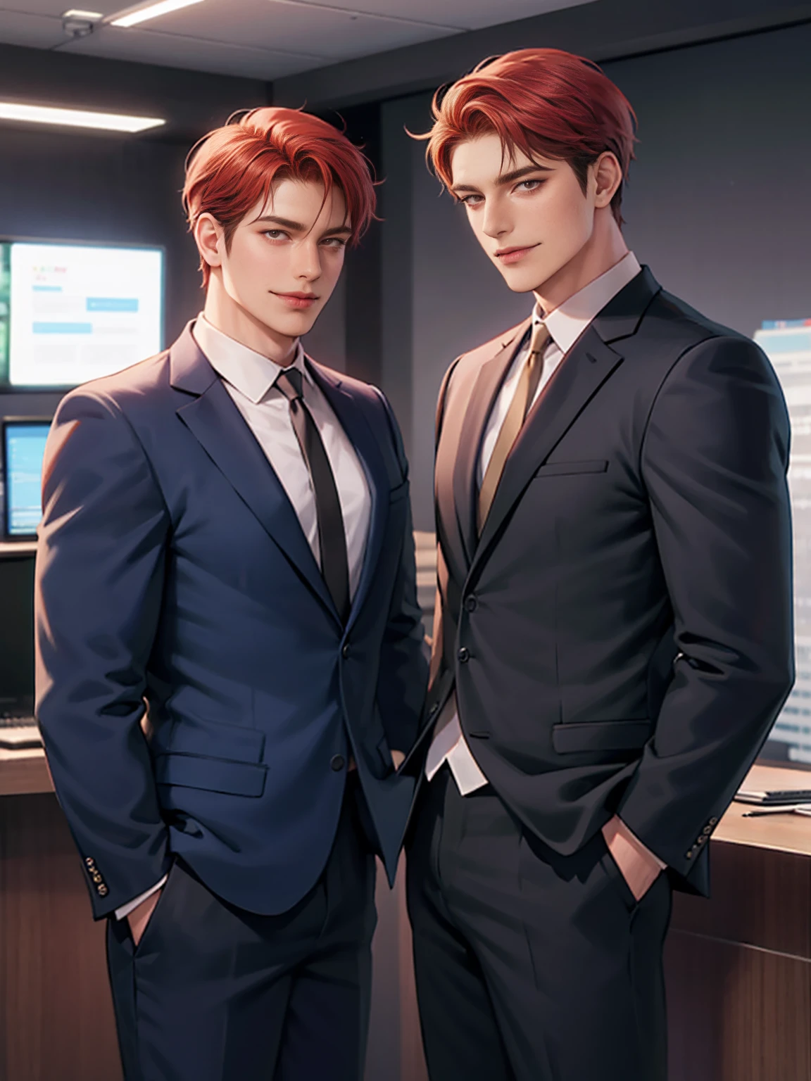 The male protagonist talks to a man with short red hair in a business suit, Actor smiles，The picture is pleasant, Luxury Office