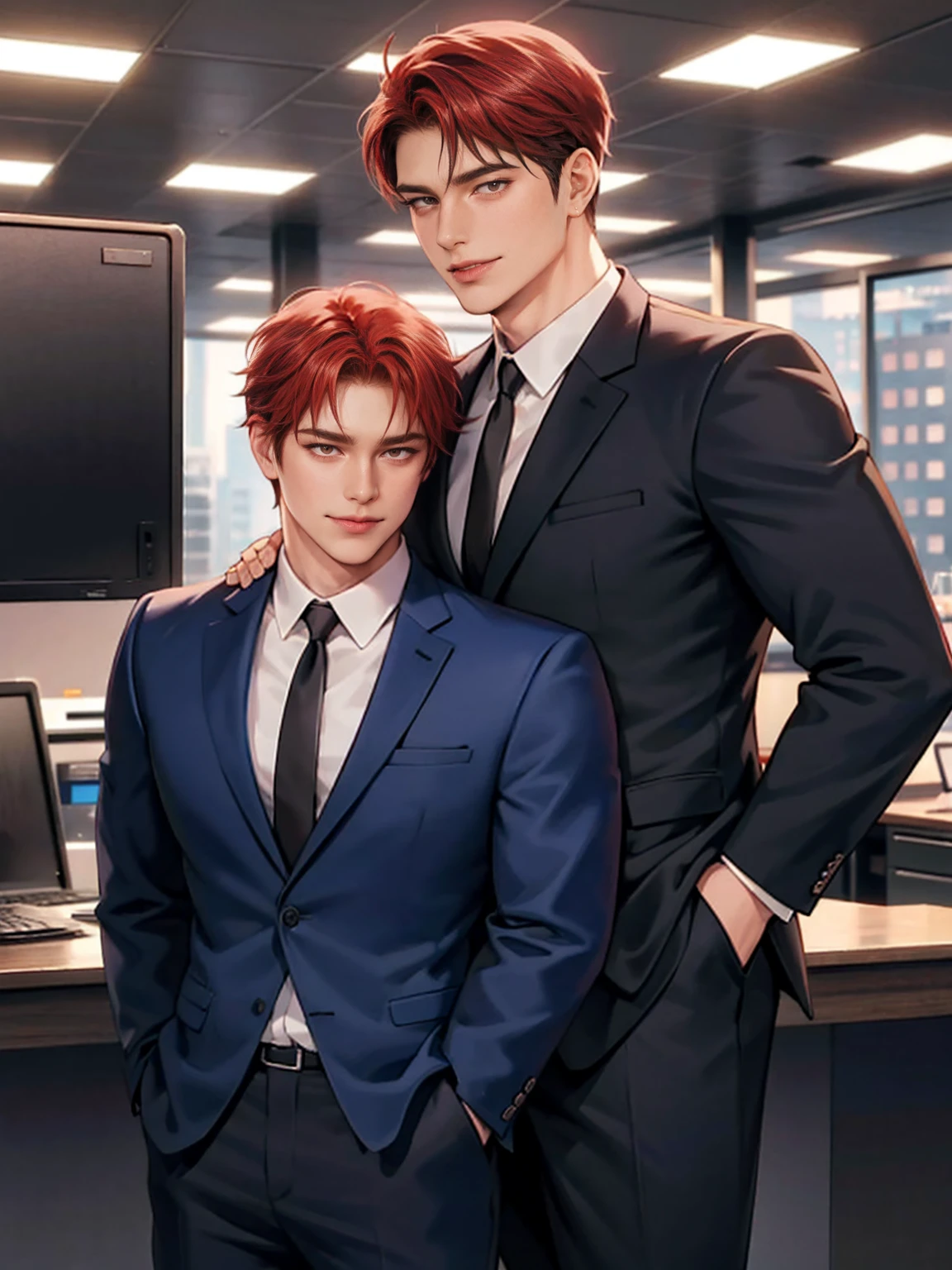 The male protagonist talks to a man with short red hair in a business suit, Actor smiles,The picture is pleasant, Luxury Office