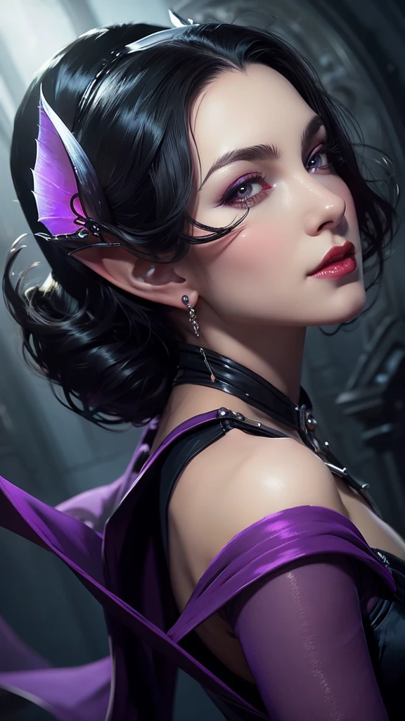  a woman with a black cape and a purple dress, extremely detailed artgerm, beautiful dark elf countess, artgerm and rossdraws, artgerm. dark elf princess, artgerm. high detail, artgerm detailed, dark fantasy style art, style of artgerm, trending artgerm, style artgerm with purple horn