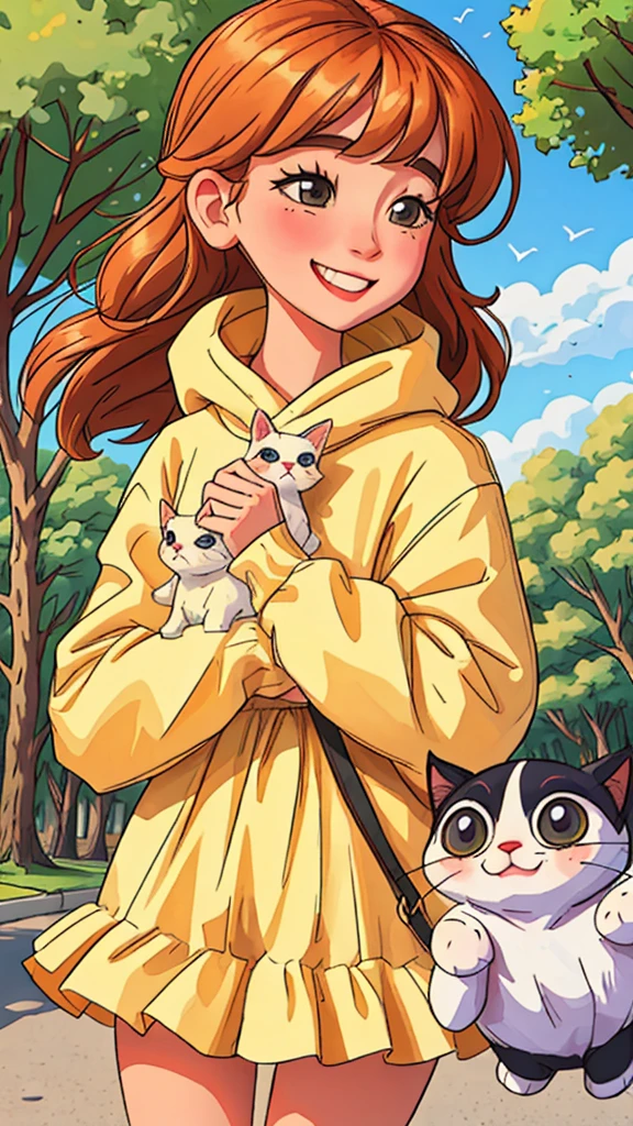 A girl holding a cute cat is smiling brightly. park background