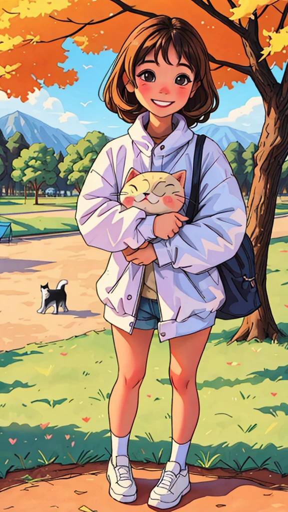 A girl holding a cute cat is smiling brightly. park background