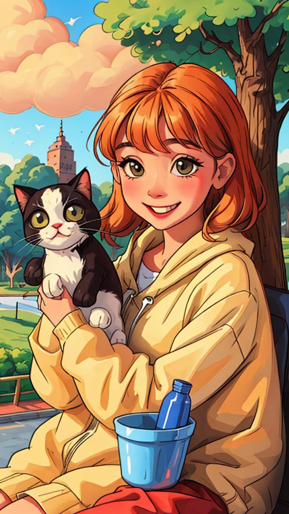 A girl holding a cute cat is smiling brightly. park background
