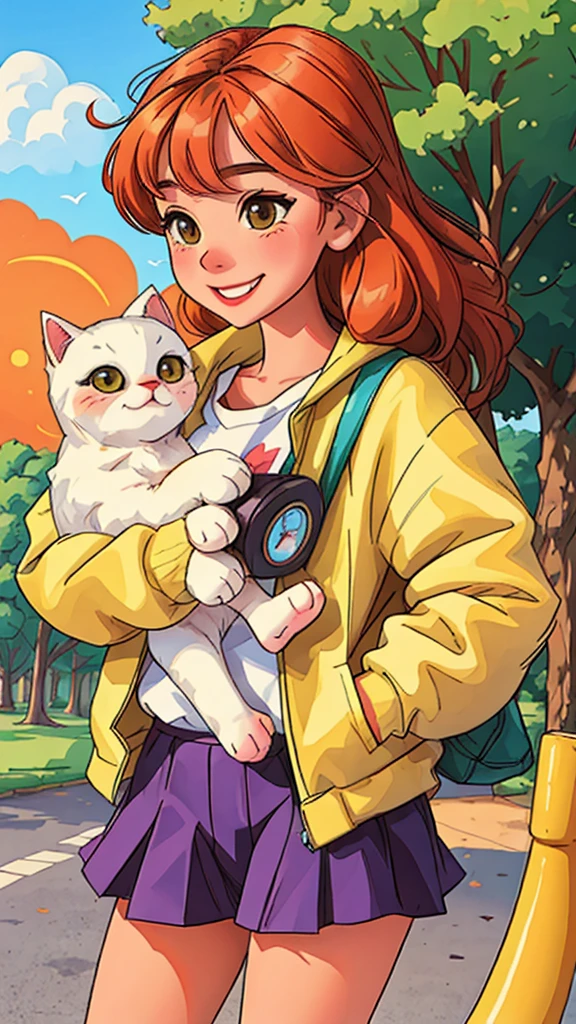 A girl holding a cute cat is smiling brightly. park background