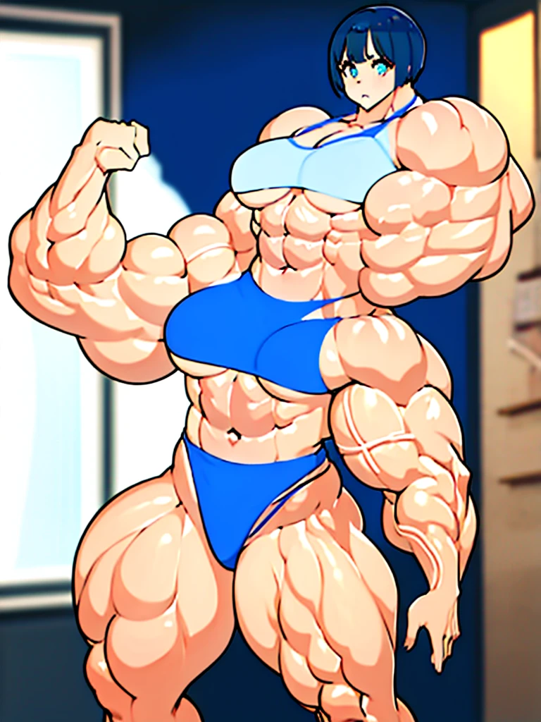  A muscular girl with big arms and beautiful short hair and marked abs, a wide waist and big, muscular defined legs in a bikini with two arms and a big ass 