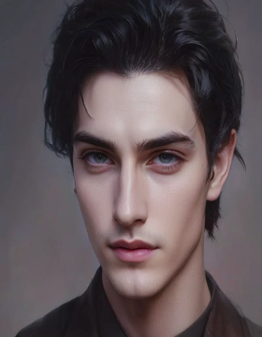 A handsome pale 21-year old man with gray hunter eyes and slick-back black hair. His expression is neutral, and he has sharp, chiseled features. His hair is neat and meticulously styled. He is dressed in a dark academia style: a long, tailored black coat with a high collar, over a well-fitted three-piece black suit consisting of a crisp white dress shirt, a black waistcoat, and a slim black tie. He wears polished black leather oxford shoes and black leather gloves with subtle stitching. A vintage-style pocket watch with a brass chain hangs from his waistcoat pocket. He carries a leather-bound journal with an antique look. The background features an atmospheric blend of old libraries and mysterious, time-worn architecture, emphasizing his scholarly yet enigmatic appearance.