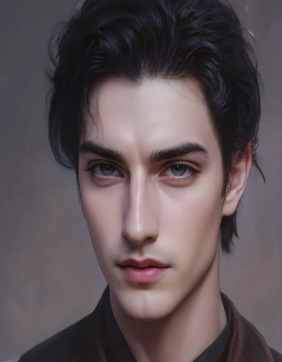 A handsome pale 21-year old man with gray hunter eyes and slick-back black hair. His expression is neutral, and he has sharp, chiseled features. His hair is neat and meticulously styled. He is dressed in a dark academia style: a long, tailored black coat with a high collar, over a well-fitted three-piece black suit consisting of a crisp white dress shirt, a black waistcoat, and a slim black tie. He wears polished black leather oxford shoes and black leather gloves with subtle stitching. A vintage-style pocket watch with a brass chain hangs from his waistcoat pocket. He carries a leather-bound journal with an antique look. The background features an atmospheric blend of old libraries and mysterious, time-worn architecture, emphasizing his scholarly yet enigmatic appearance.