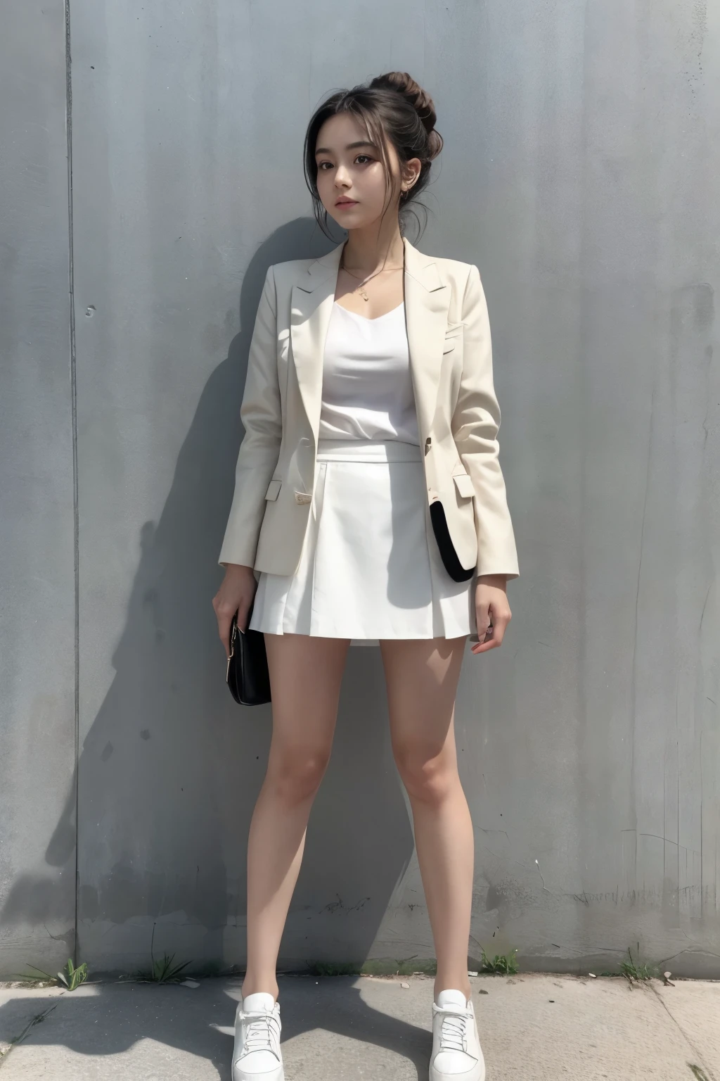 Create a look for a person with skin color phototype five, with a white short skirt outfit,with black bory and a short blazer in neutral color