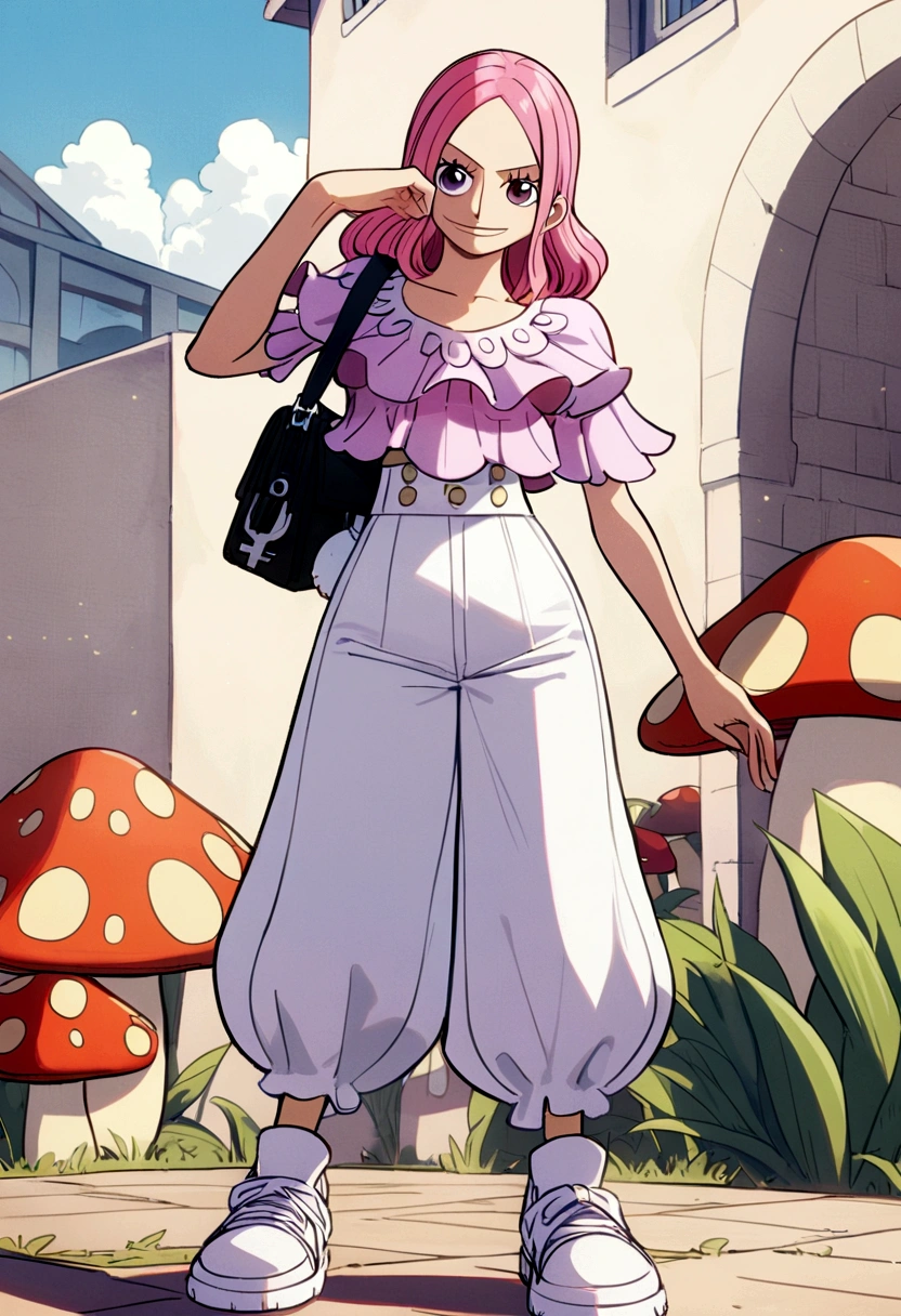 Personagem de one piece, pink hair, lilac eyes, a white streak in the bangs, mushroom blouse, high waist pants, white sneakers and a side bag