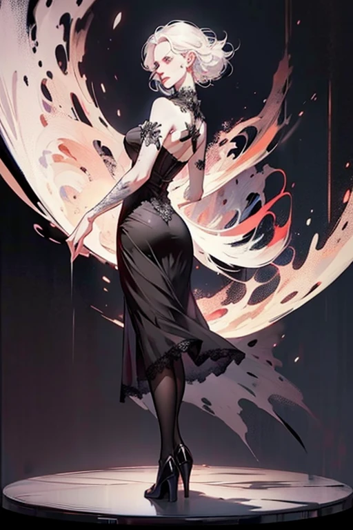 (back view),(full body:1.4),(black lace dress, pantyhose :1.3),Cute 18 yo (albino:1.4)woman of Slavic descent.(short:1.1), long white hair, gray eyes, ((very pale:1.4)). Innocent look. Gentle spirit.(virgin),((smile)).Masterpiece, best quality(highly detailed:1.2),(detailed face and eyes:1.2), depth of field, 8k wallpaper, studio lighting, core shadows, high contrast, bokeh.