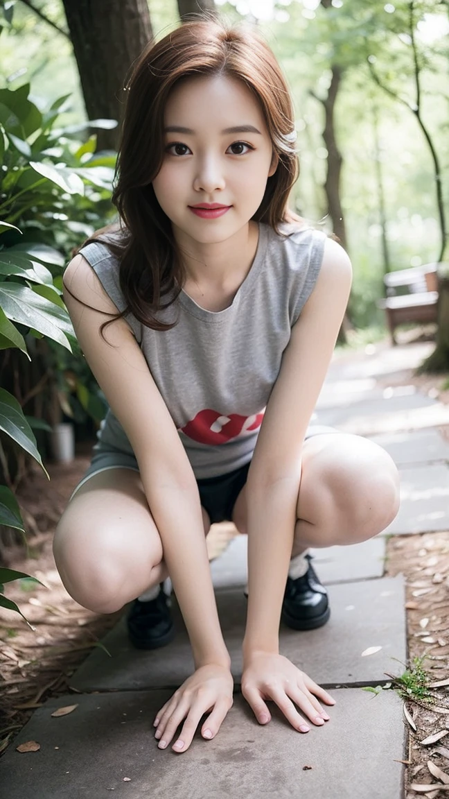 masterpiece, best quality, Surreal, Ultra Detailed, 8k resolution, RAW photos, Clear focus, (A girl in the forest), ((light gray shirt)), sleeveless, sports Shorts,, Solitary, Perfect body, Bangs to eyebrows、Beautiful brown hair、Beautiful and delicate eyes、Brown eyes、Raise an eyebrow、Bangs to eyebrows、Beautiful brown hair、Beautiful and delicate eyes、Brown eyes、Raise an eyebrow、High Nose、Small nostril、Little mouth、Tempting lips、Mouth slightly open、Beautiful breasts、Full body、Oval face,Phoenix Eyes,Eyebrow, Both eyes, Both eyes皮, Long eyebrows, Long eyelashes, A faint smile,Stand up,Stand up,
32 inches in the chest,(a charming smile:1), (sexy pose),26 years old, light,White shoes,Stand up