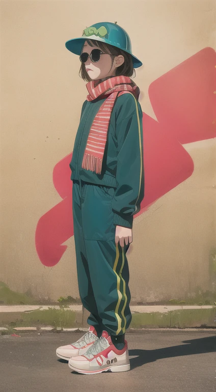 short woman, (ultra detailed,ultra high res,detailed background),((2D)),((2D)),((flat color)),((muted color)),((floating neon)),1girl,solo,looking at viewer, spray paint, graffiti, girl in a colorful fencing suit, long plush scarf, full body image, adult woman, anatomically perfect face, face in focus, symmetrical face, rollerskates, wearing a 1950's scifi helmet with a visor, big sunglasses, carrying a stuffed frog