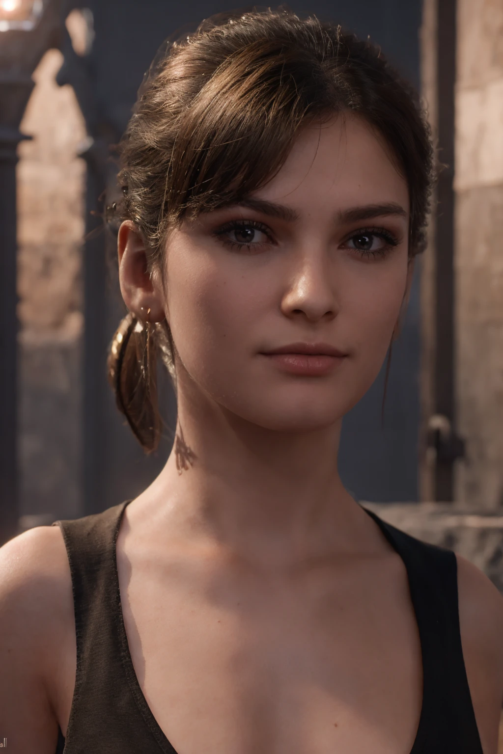 a beautiful girl with short brown hair, almond eyes, and brown eyes, elegant and graceful, holding a eve of stellar blade, digital art, cinematic lighting, highly detailed, photorealistic, 8k, intricate details, dramatic lighting, cinematic composition, warm color palette, fantasy landscape background, oiled skin