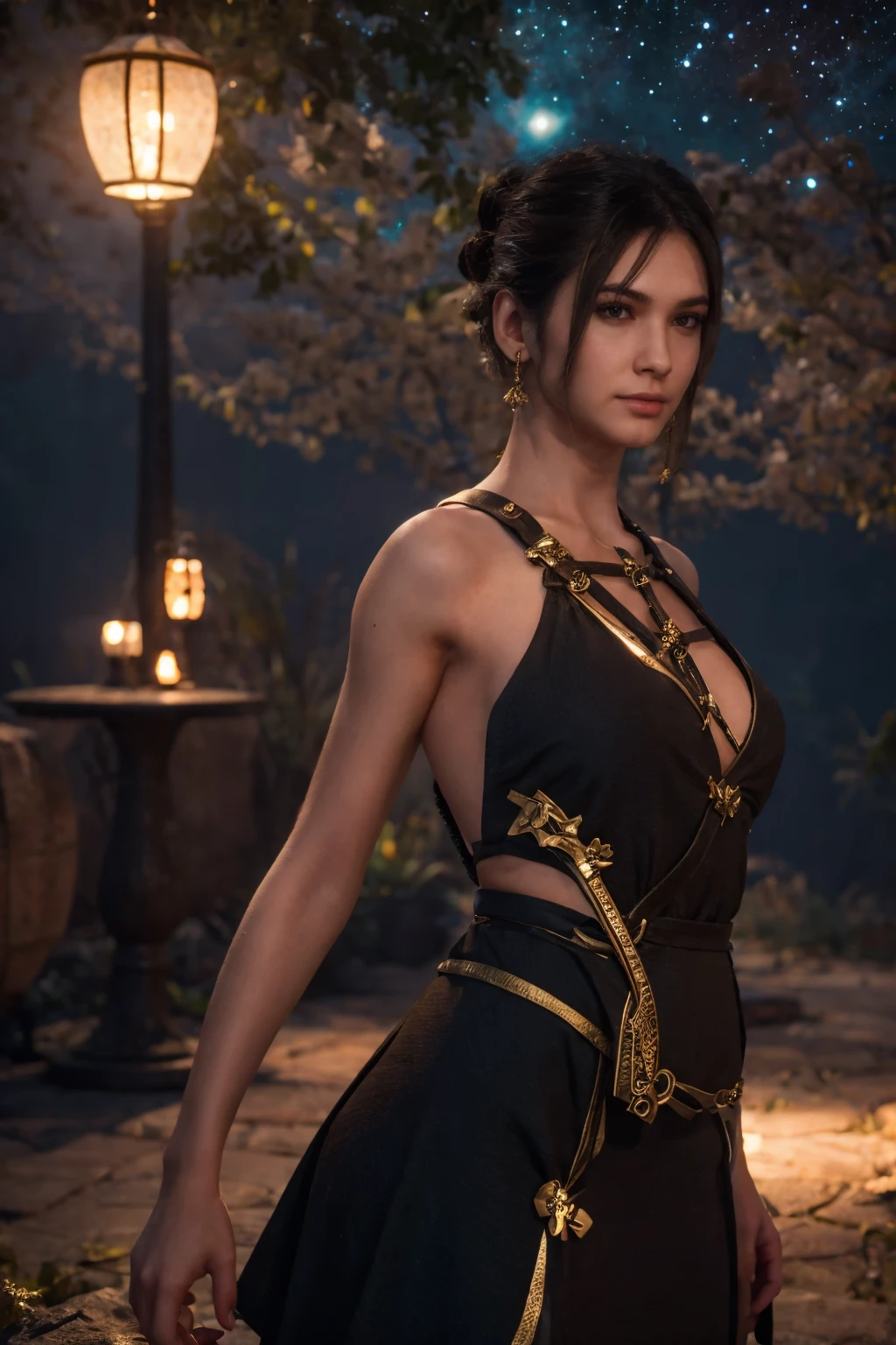 a beautiful girl with short brown hair, almond eyes, and brown eyes, elegant and graceful, holding a eve of stellar blade, digital art, cinematic lighting, highly detailed, photorealistic, 8k, intricate details, dramatic lighting, cinematic composition, warm color palette, fantasy landscape background, oiled skin