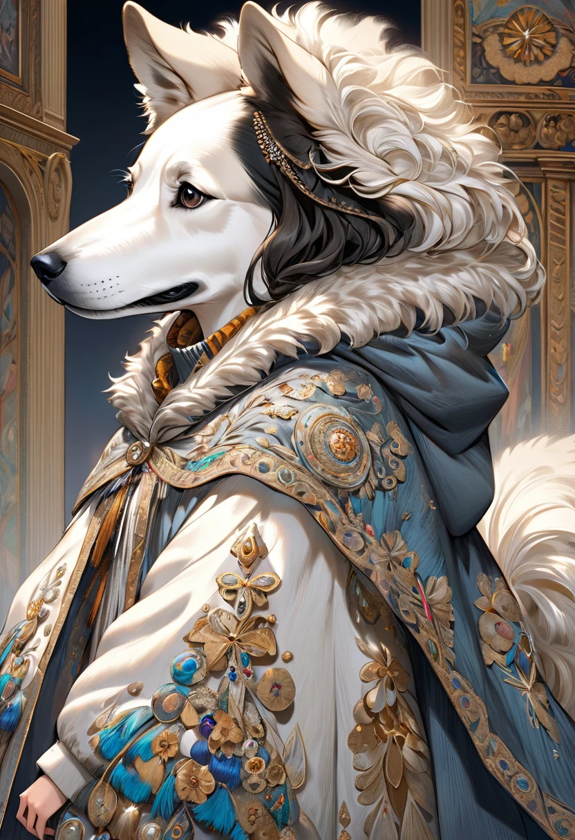 a young woman wearing an extremely detailed fluffy cloak made to look like the coat of a large dog