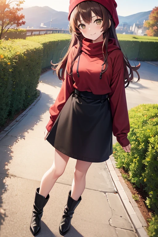 1girl, woman, red hoodie, tight midi pencil skirt (black), long length skirt, long brown hair, looking at viewer, full body, smile, blush, boots, garden, fall, beanie, scarf