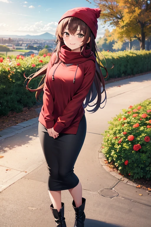 1girl, woman, red hoodie, tight midi pencil skirt (black), long length skirt, long brown hair, looking at viewer, full body, smile, blush, boots, garden, fall, beanie, scarf