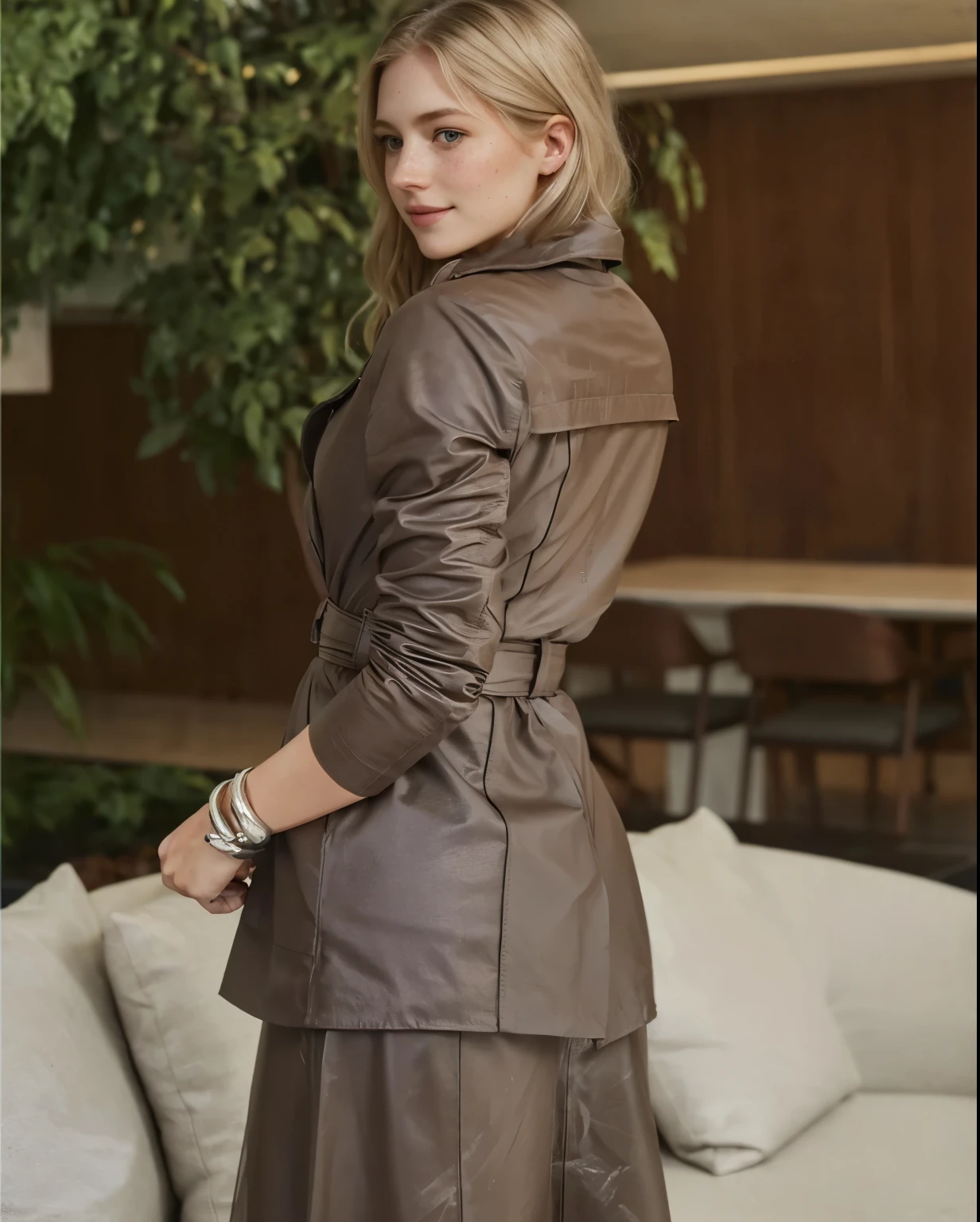 a one woman, americana, age 25, pale skin and freckles, grey-eyed, delicate nose, soft and delicate lips, distant, distant, wavy, waist-length blonde hair, Sweet smile, face with delicate feminine facial features, Highly Rendering