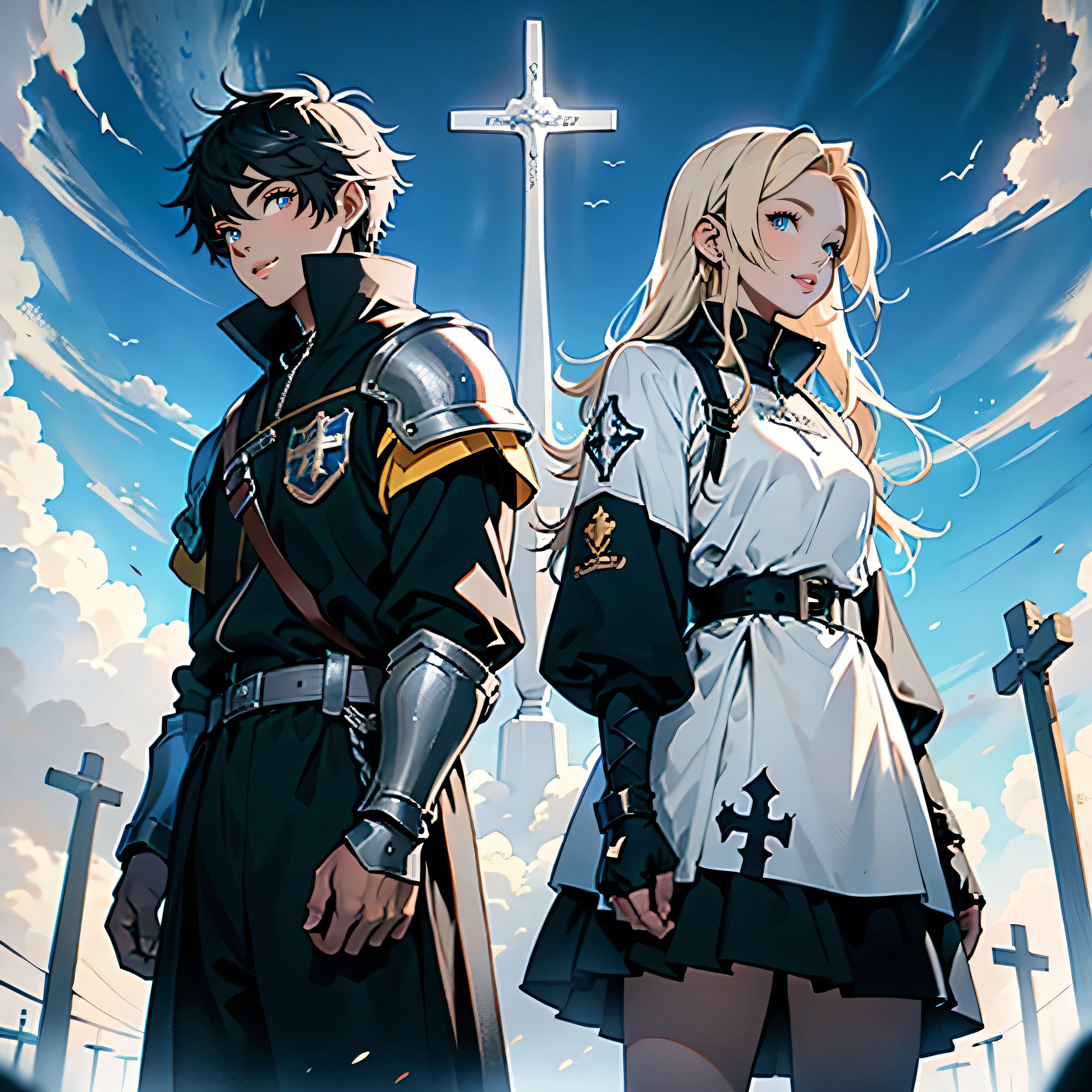 Make some images using the anime drawing technique. Make the drawing of a teenage boy and a teenage girl who are standing back to back, both wearing medieval Templar armor with a cross on the chest and colored blue and yellow, both should be back to back looking up. They look confidently and happily at the sky. Make the design 1:1 proportion and the American plane (from the knee up). Use four colors to generate the image.