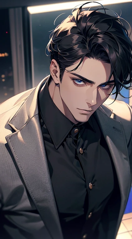 (best quality, masterpiece, 8K, photorealistic, cinematic lighting, 1:4 hdr image, top view, ultra detailed, beautiful image), a mature man, very handsome, short black hair, blue eyes, perfect face without errors , ((buttoning his jacket, CEO))