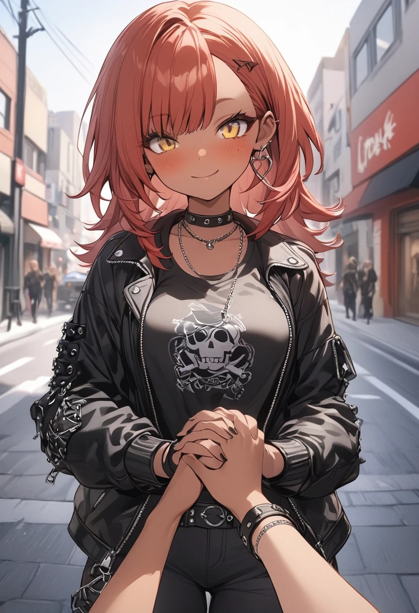 bestquality,1girl, tan skin, freckles, short red hair,left eye blue, right eye yellow, medium ,light smile,look at viewer, stylish punk outfit ,bf_holding_hands,pov,blush,street,