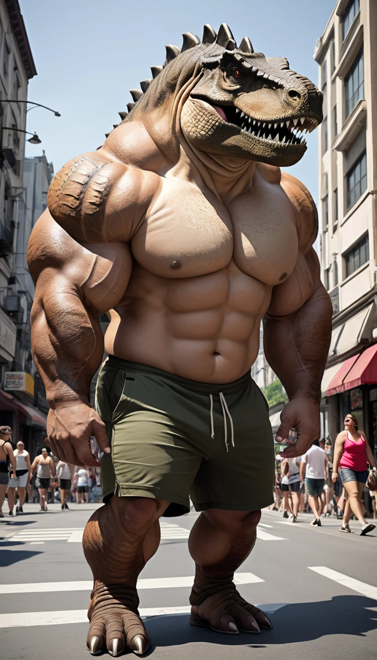 white anthro giant tyrannosaurus with chubby build, immense giant hyper muscles, extreme proportions, tank top, super broad shoulders, giant lats, huge round heavy pecs, massive arms, thick thighs, big thick tail, giant bulge in shorts,, with collar, walking down the street, very low angle, dynamic pose