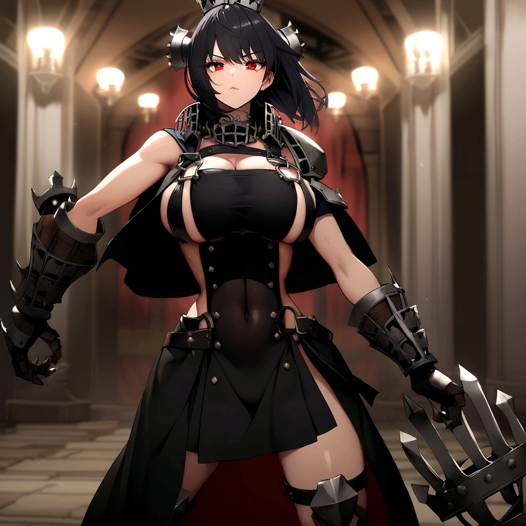 Iron bikini armor, iron crown, bare belly, big breasts, black hair, red eyes