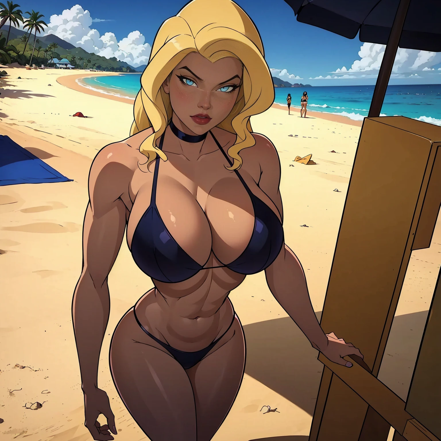 uploaded on e621, explicit content, 3d, (bastika, cutesexyrobutts, hioshiru), female, solo, Black_Canary_JLU, beach setting, (black bikini:1.2), large breasts, natural breasts, milf, standing, three quarters portrait, closeup,