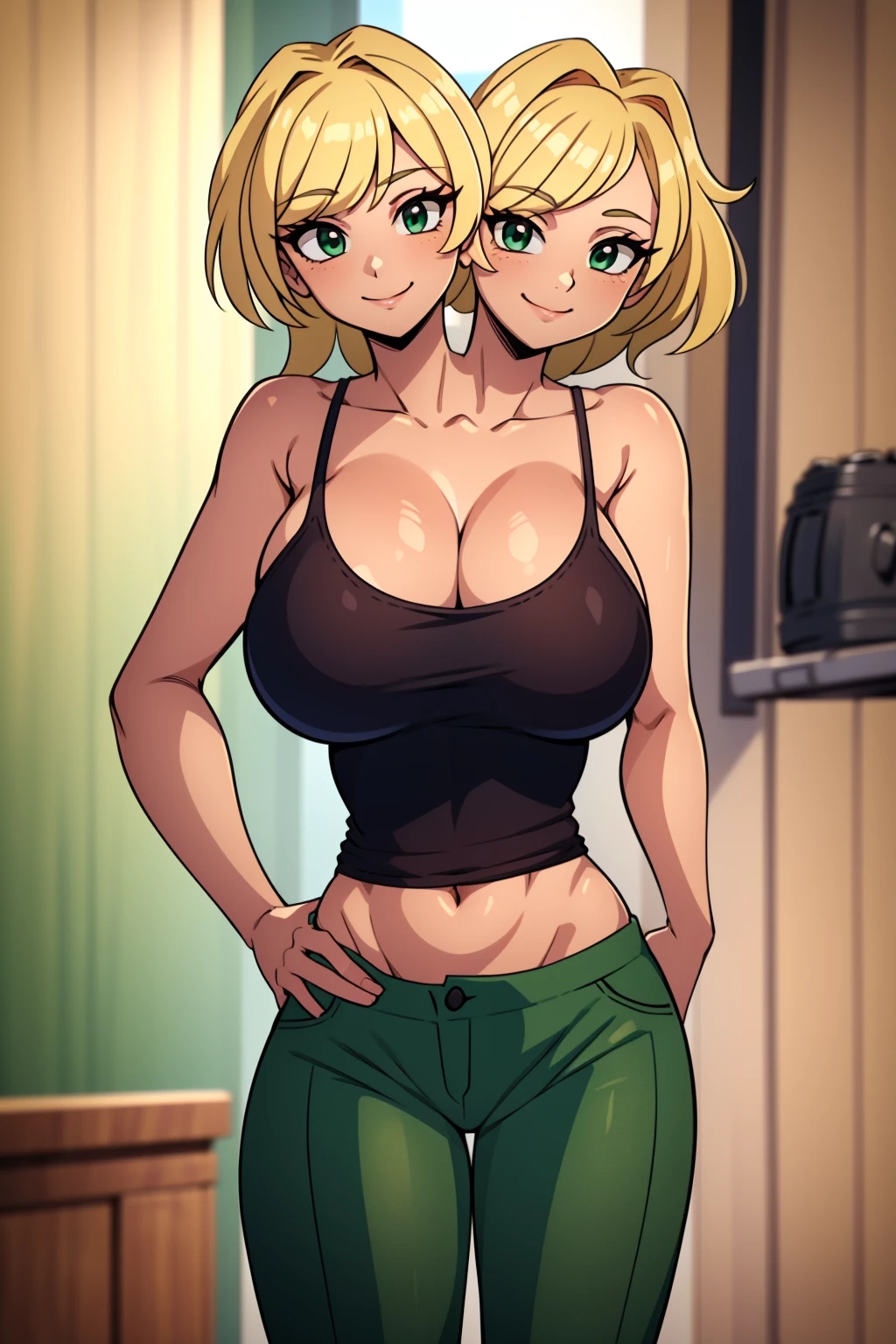 best quality, (masterpiece),(ultra-detailed), (high quality), (high resolution), ((2heads:1.5)), best quality:1.5, highres, UHD, 16K), smiling, highres, masterpiece, (blonde hair), (cleavage), (black short tank top), medium long hair, ((green denim shorts)), lustrous and smooth skin, (mature woman), (black eyes), (cute face), (exposed midriff), seductive silhouette, ((slim hips)), casual dress, sexy proportions, young girl with accentuated slender abs, long legs, seductive woman, lustrous woman, (large breasts), ((detailed eyes)), boots, red goggles