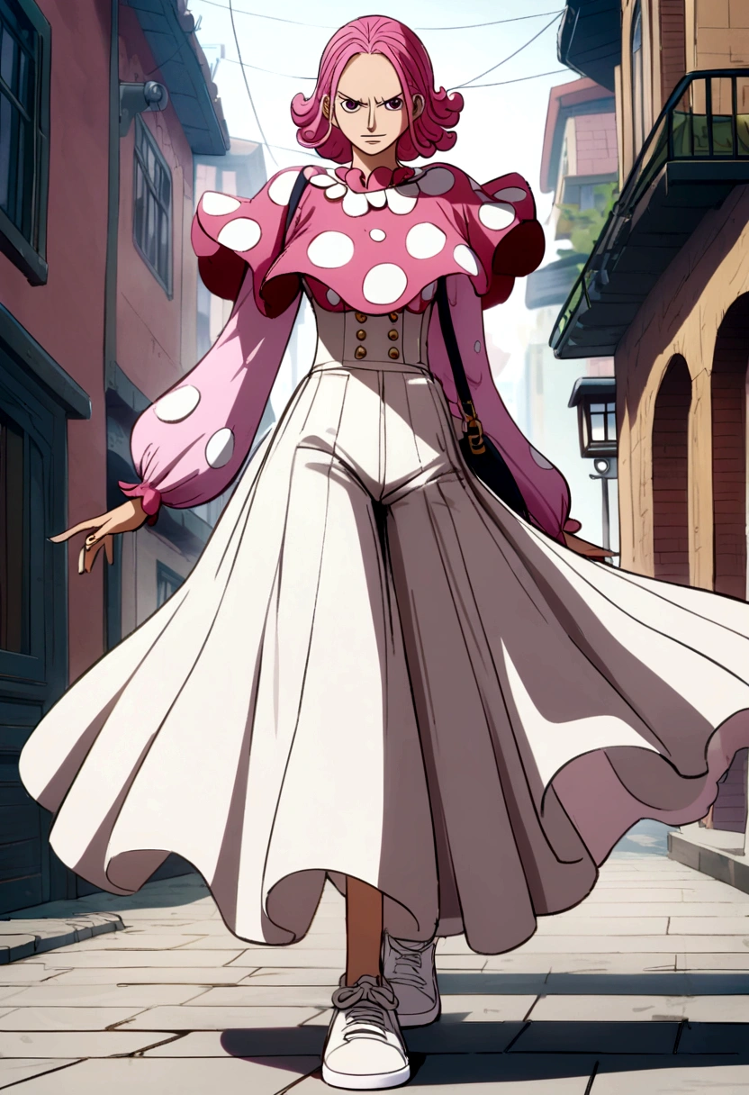 Personagem de one piece, pink hair, lilac eyes, a white streak in the bangs, mushroom blouse with long sleeves, high waist pants, white sneakers and a side bag