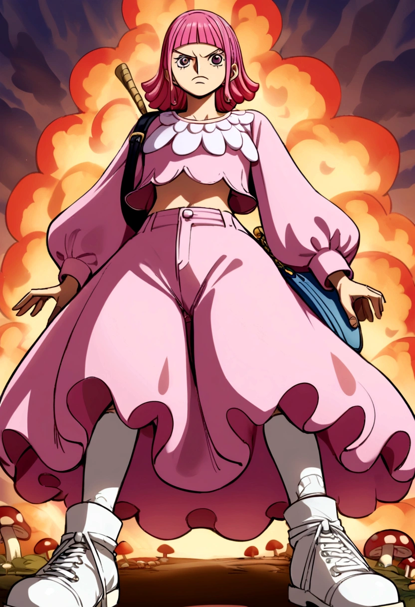 Personagem de one piece, pink hair, lilac eyes, a white streak in the bangs, mushroom blouse with long sleeves, high waist pants, white sneakers and a side bag