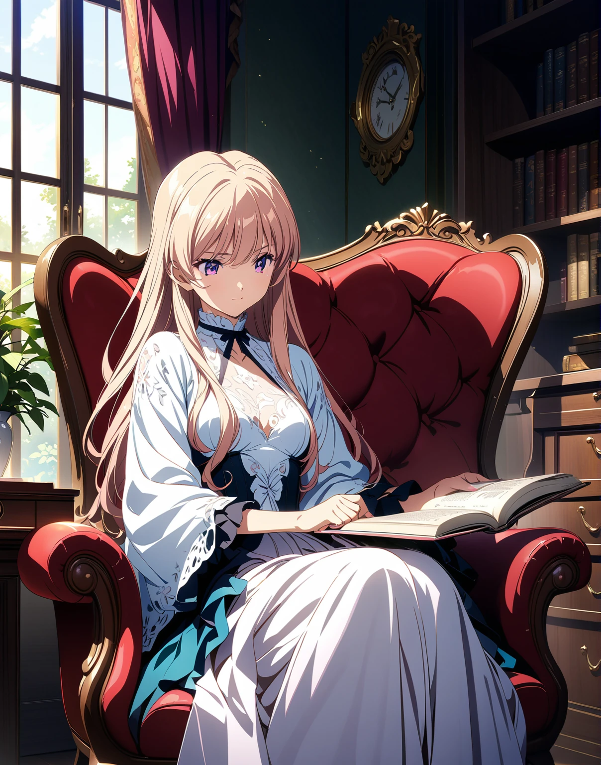 Anime key visual,Very delicate and beautiful,非常にdetailed,CG,Unity,8k wallpaper,wonderful,detailed,masterpiece,The best quality in the best condition,Official Art,非常にdetailed CG 8k Unbelievably ridiculous resolution,Beautiful and exquisite,High resolution,非常にdetailedな目と顔,sitting in a chair reading a book, An elegant study,close