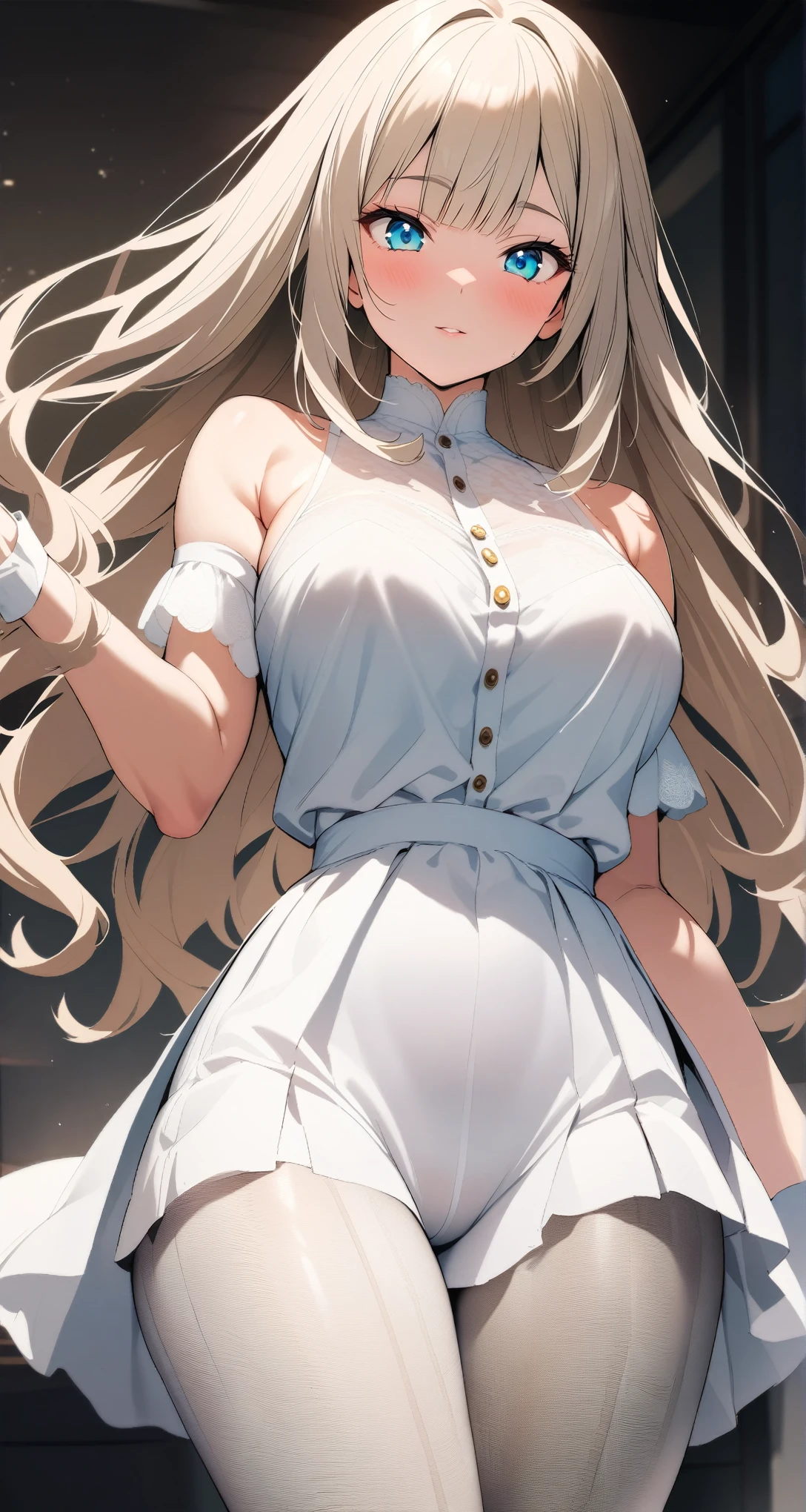 see through,Beautiful and fair、Radiant Skin, 3 Up, Gorgeous, bright, Refreshing and gentle expression, Perfect beautiful face、Beautiful shiny bangs, A very beautiful 17 year old girl, Eyeliner, Very perfect eyes,Very large breasts,Grooves reveal original skin,Muscular body,White lace tights
