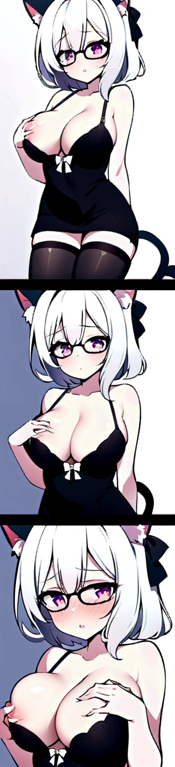 Girl with white hair, cat ears, black glasses, blushing extremely, she has put on a bra if her breasts are small, grabbing her breasts, a black skirt, a cat tail with black stockings on the bed