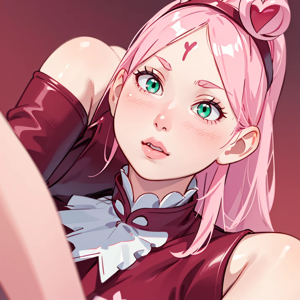 young woman, white skin, long bubblegum pink hair, red headband, wide forehead, pink eyebrows, big emerald green eyes, buttoned nose, thick red lips, heart shaped face, leather red dress, great detail, Sakura Haruno, realistic, realism 3d black gloves , ahegao , lip out mounth , open mounth