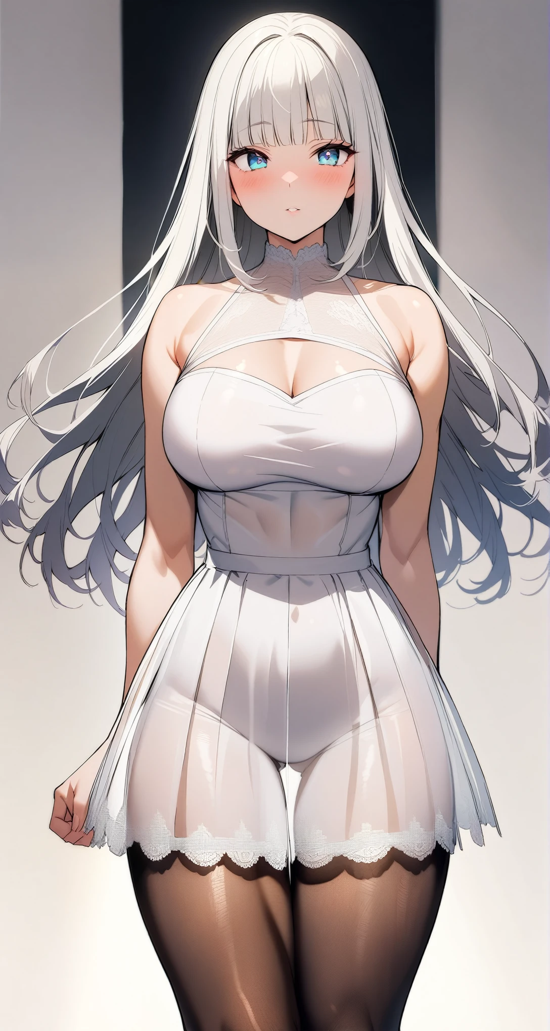 see through,Beautiful and fair、Radiant Skin, 3 Up, Gorgeous, bright, Refreshing and gentle expression, Perfect beautiful face、Beautiful shiny bangs, A very beautiful 17 year old girl, Eyeliner, Very perfect eyes,Very large breasts,Grooves reveal original skin,Muscular body,White lace tights