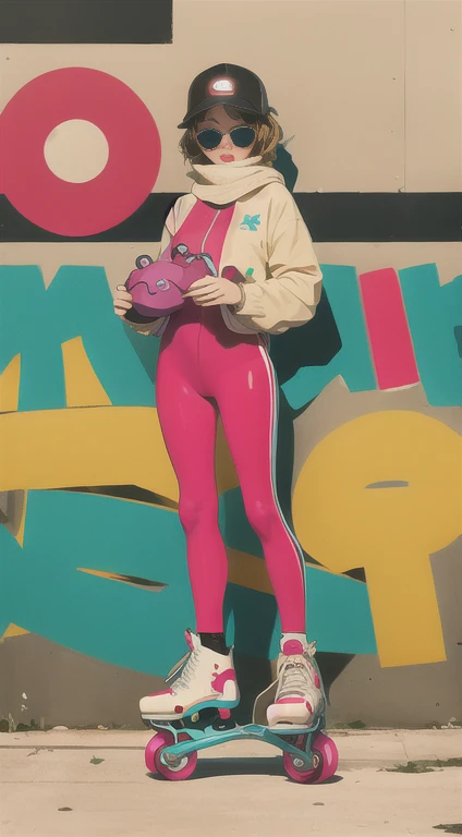 short woman, (ultra detailed,ultra high res,detailed background),((2D)),((2D)),((flat color)),((muted color)),((floating neon)),1girl,solo,looking at viewer, spray paint, graffiti, girl in a colorful fencing suit, long plush scarf, full body image, adult woman, anatomically perfect face, face in focus, symmetrical face, ((rollerskates)), wearing a 1950's scifi helmet with a visor, big sunglasses, carrying a stuffed frog